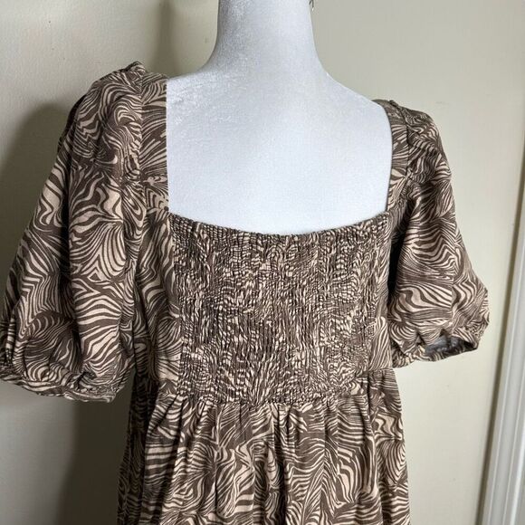 House of Harlow 1960 Puff Sleeve Brown Patterned Dress Linen Blend size Large - Picture 4 of 6